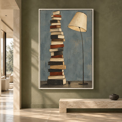 Stacked Books and Floor Lamp Modern Canvas Wall Art