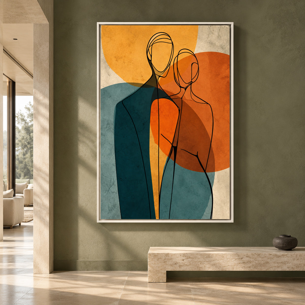 Modern Figurative Line Art Canvas with Teal and Burnt Orange