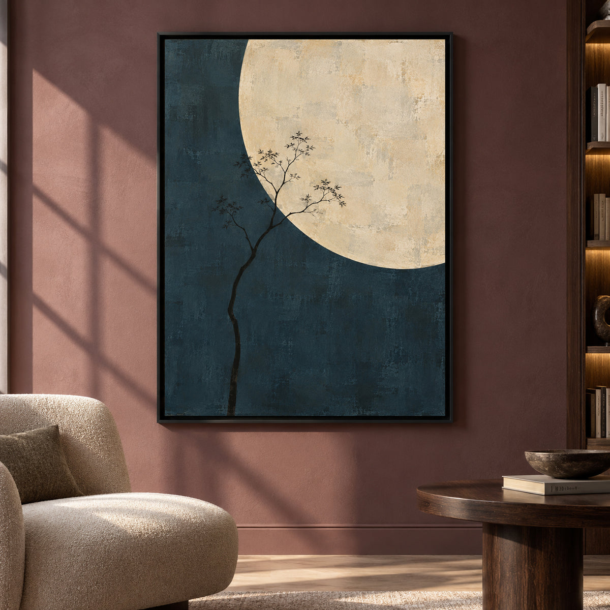 Moonlit Tree Minimalist Canvas Art in Deep Blue