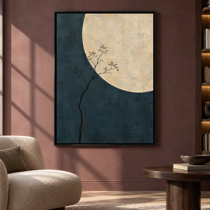 Moonlit Tree Minimalist Canvas Art in Deep Blue