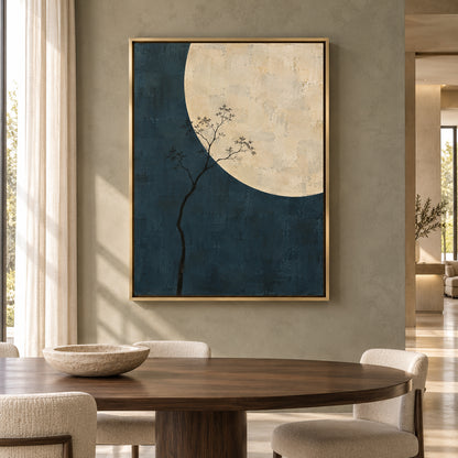 Moonlit Tree Minimalist Canvas Art in Deep Blue
