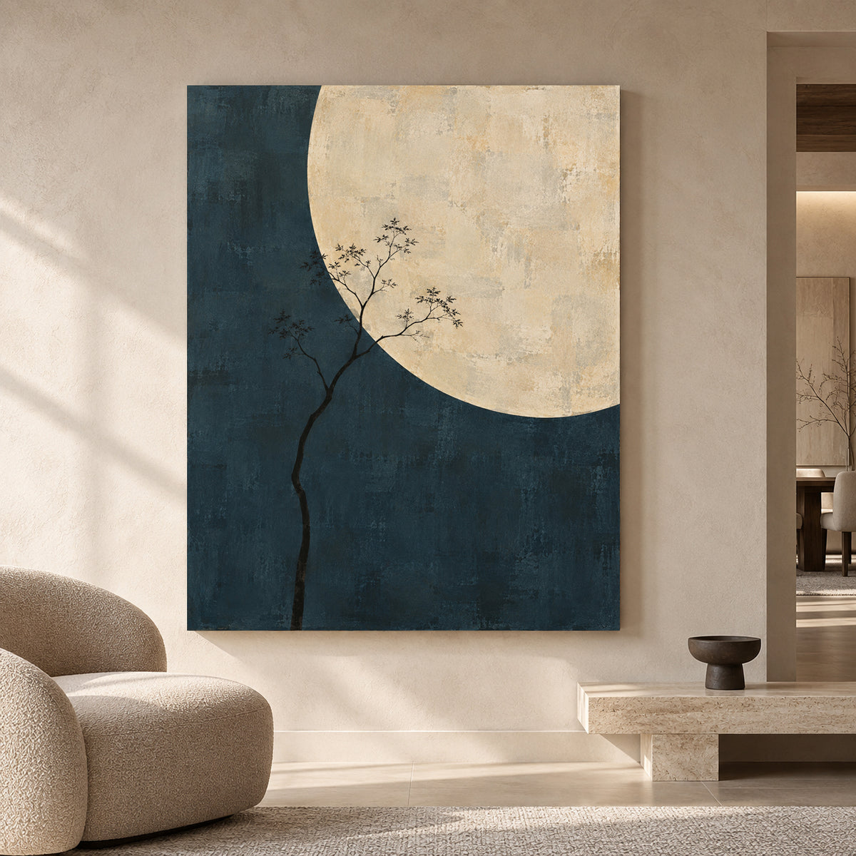 Moonlit Tree Minimalist Canvas Art in Deep Blue