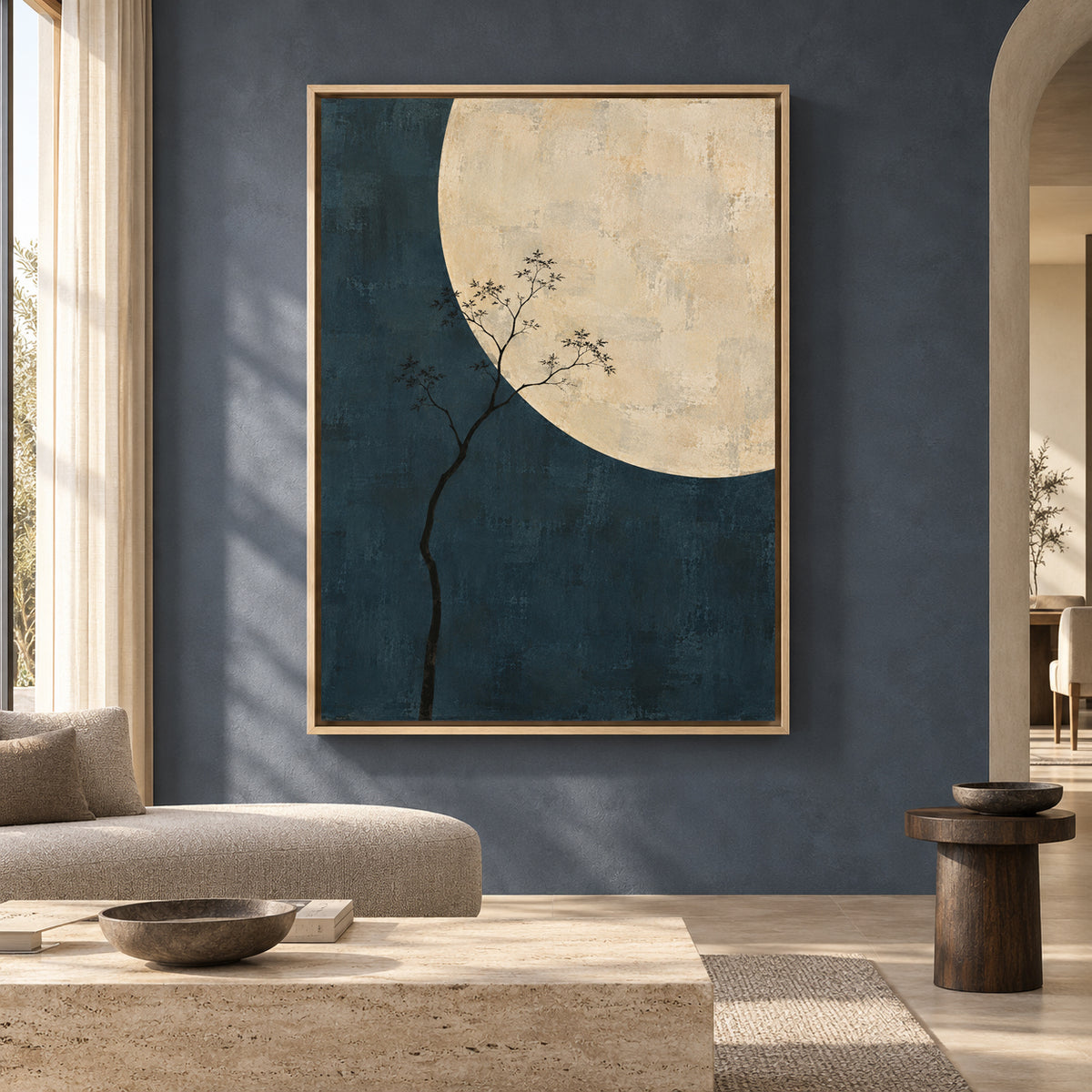 Moonlit Tree Minimalist Canvas Art in Deep Blue