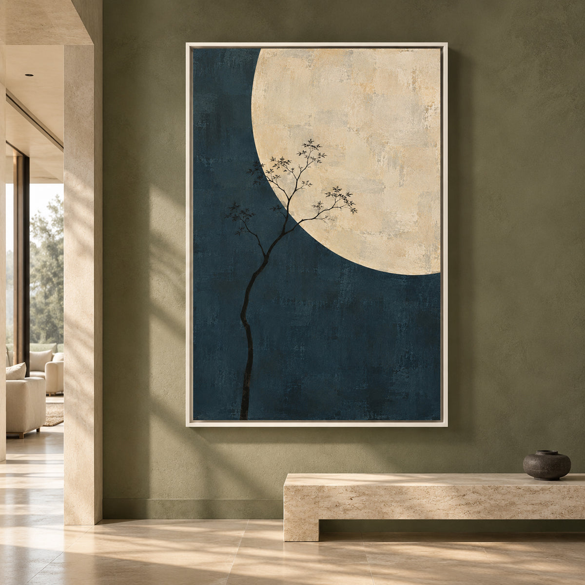 Moonlit Tree Minimalist Canvas Art in Deep Blue