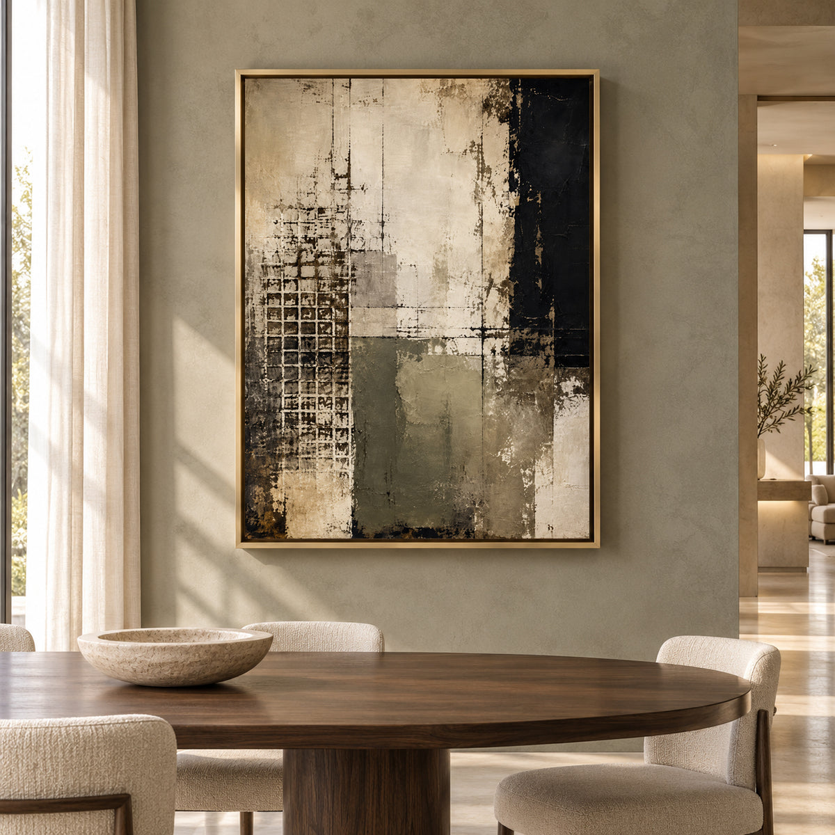 Black and Olive Abstract Canvas Art with Architectural Texture
