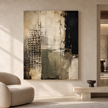 Black and Olive Abstract Canvas Art with Architectural Texture