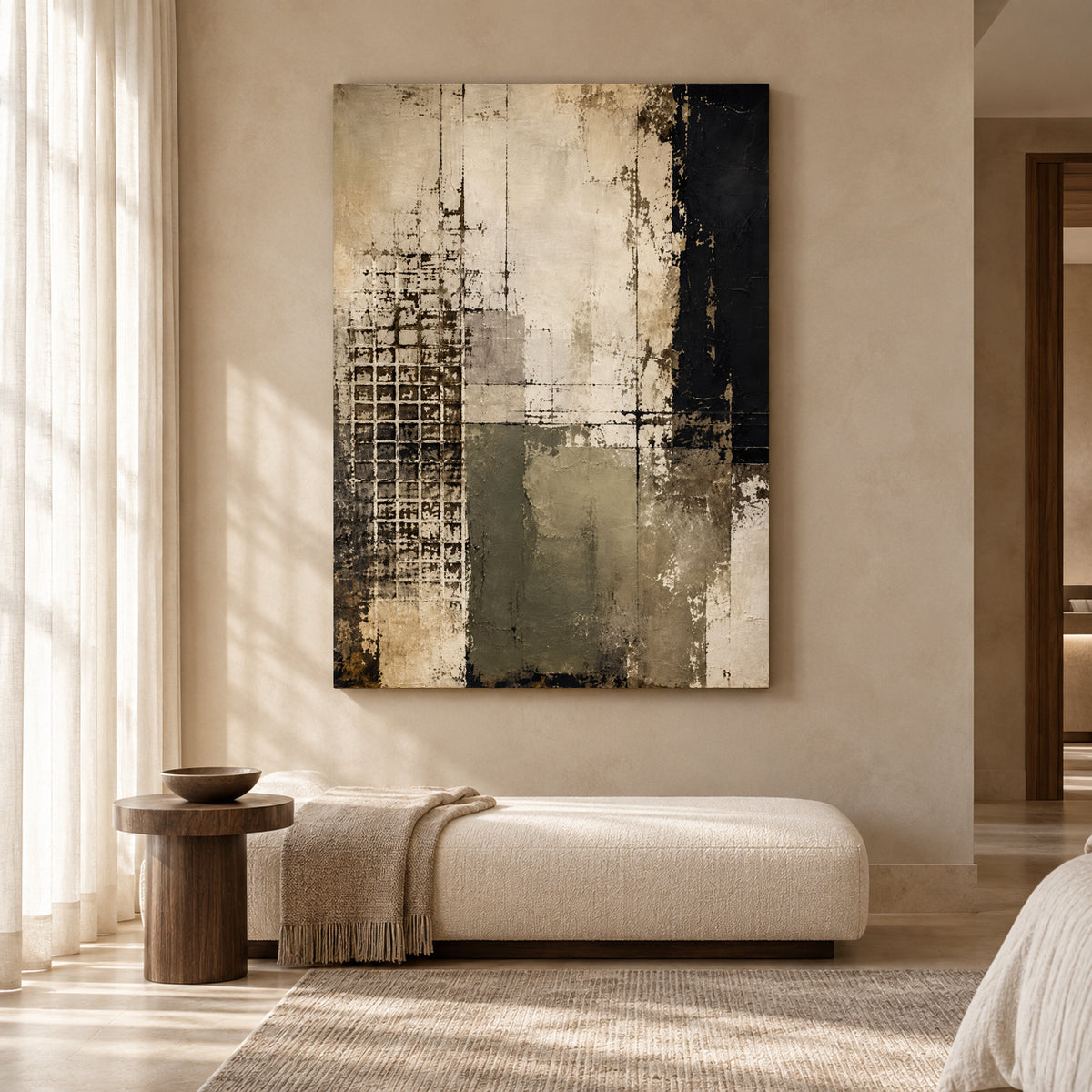 Black Beige and Olive Modern Textured Abstract Canvas Art