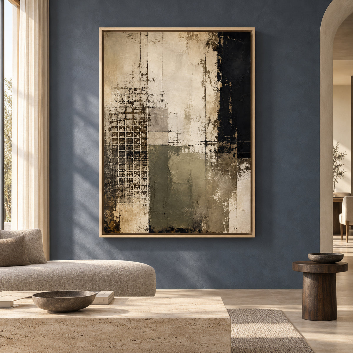 Black and Olive Abstract Canvas Art with Architectural Texture