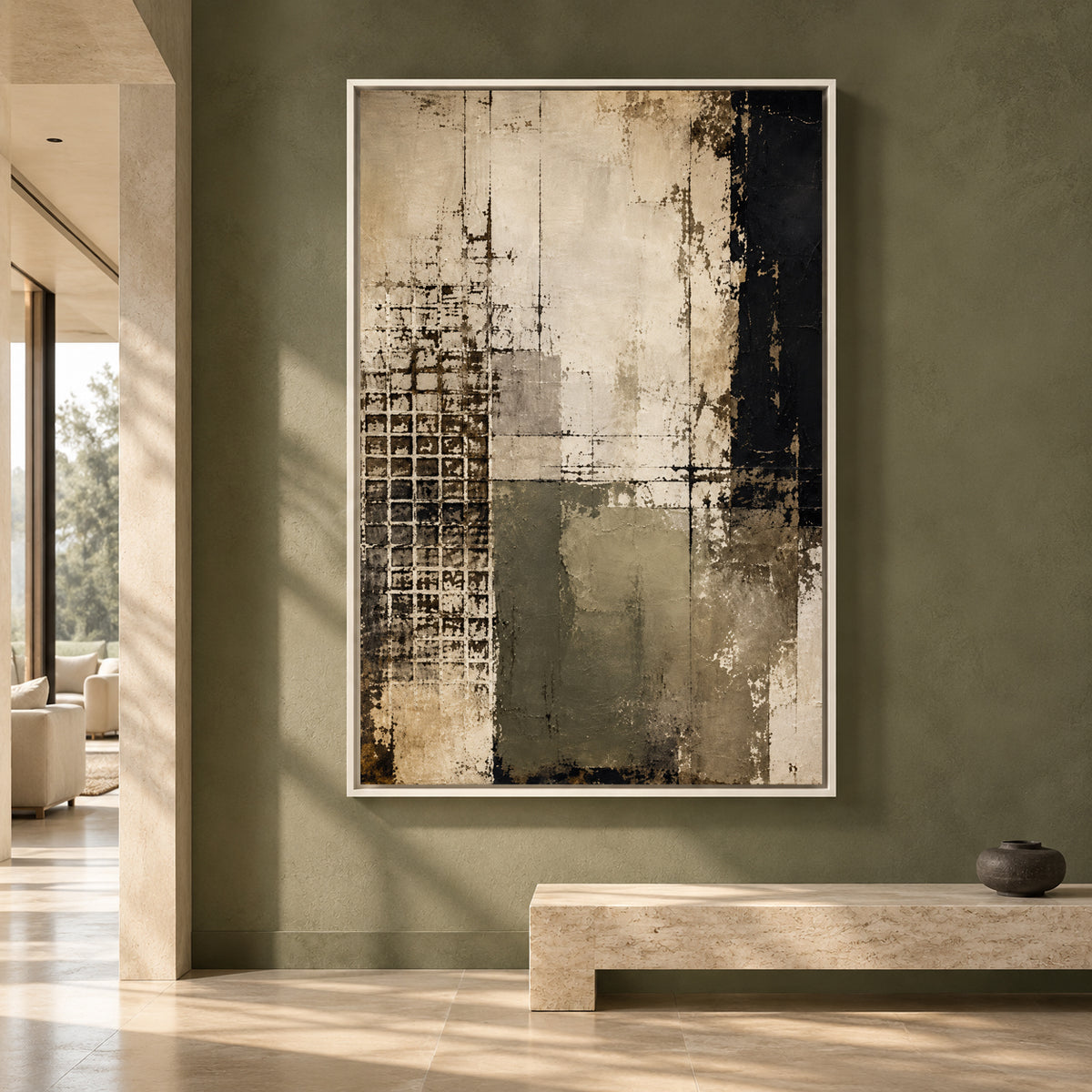 Black Beige and Olive Modern Textured Abstract Canvas Art