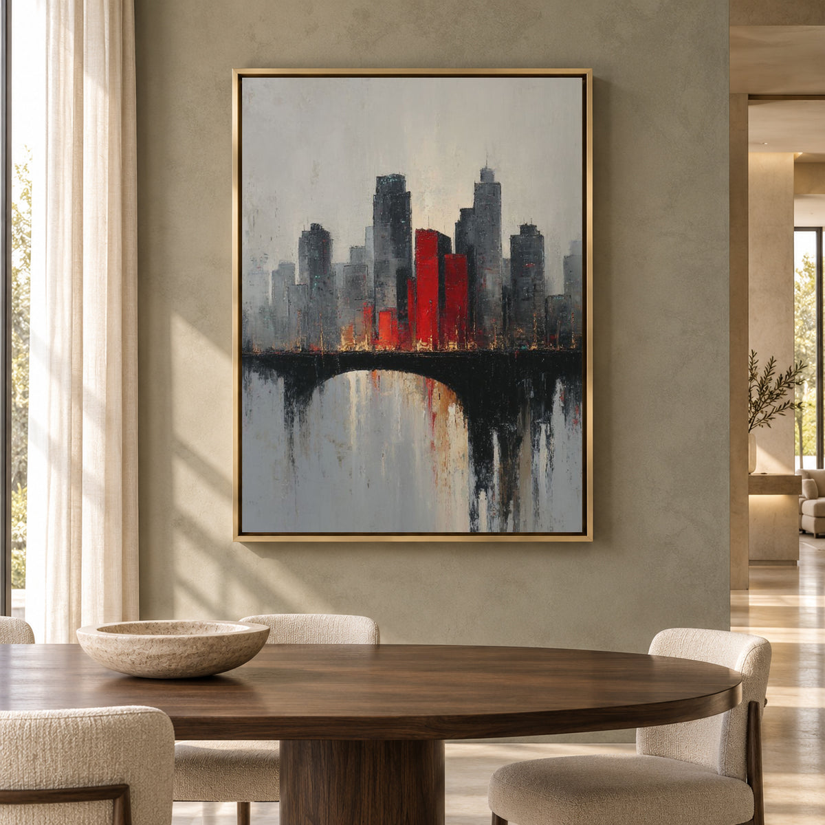 Modern City Skyline Canvas Art with Red Architectural Accents