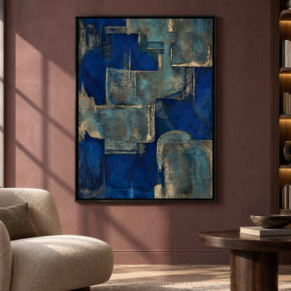 Deep Blue Textured Abstract Canvas Art with Geometric Forms