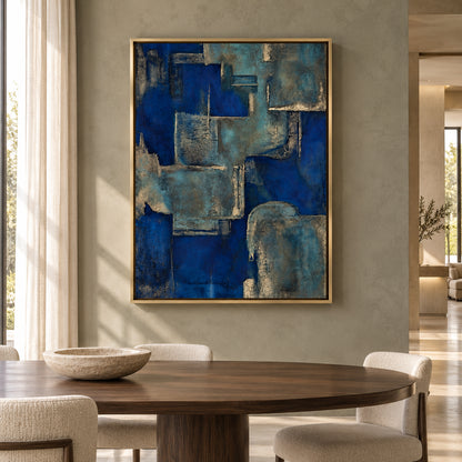 Deep Blue Textured Abstract Canvas Art with Geometric Forms
