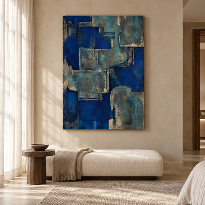 Deep Blue Textured Abstract Canvas Art with Geometric Forms