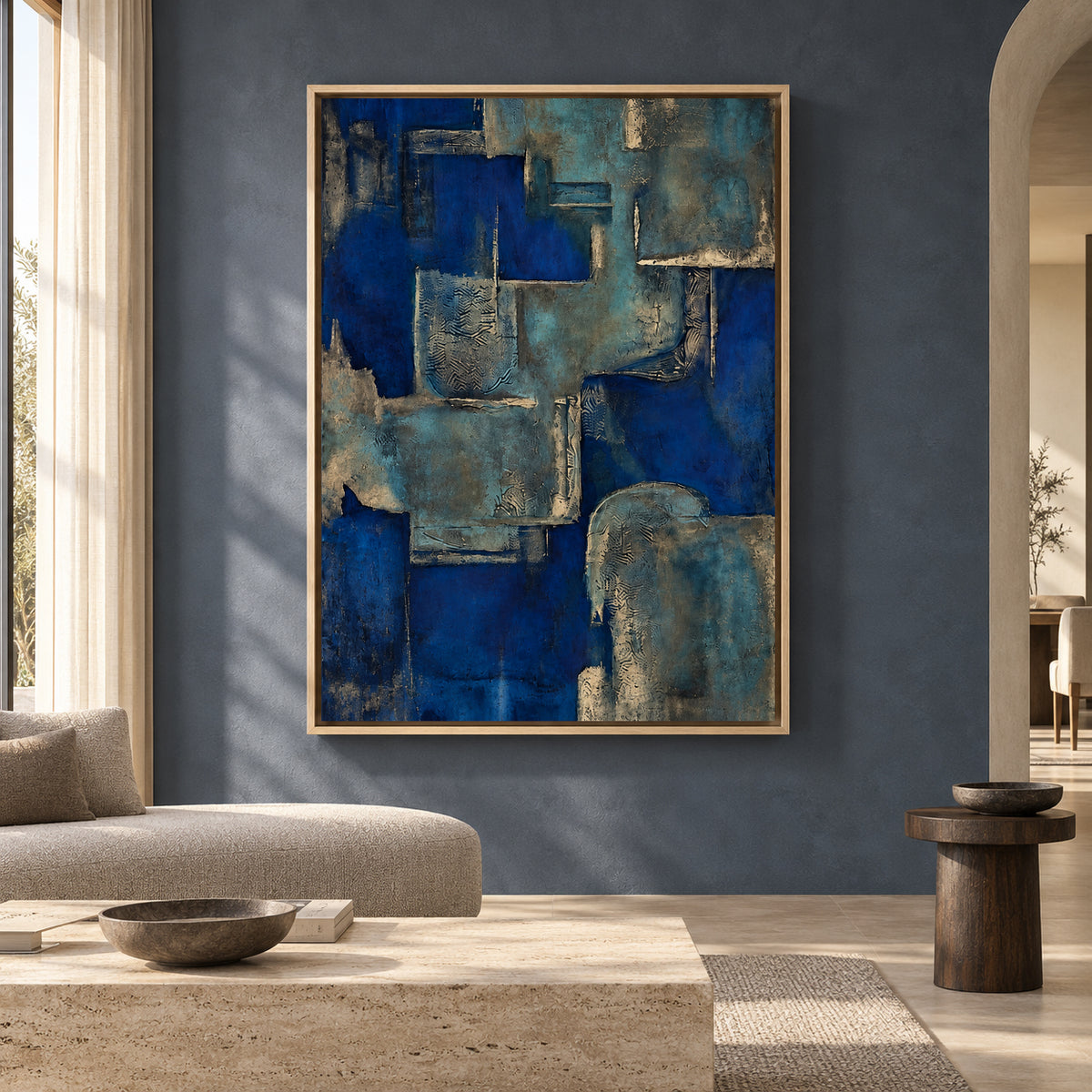 Deep Blue Textured Abstract Canvas Art with Geometric Forms