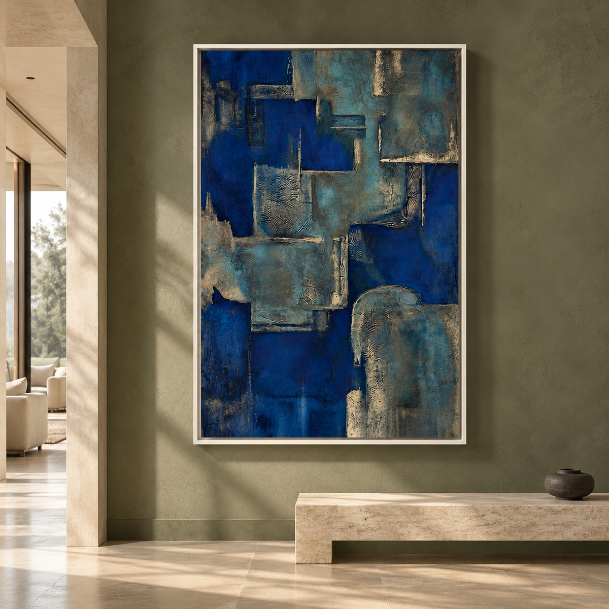 Deep Blue Textured Abstract Canvas Art with Geometric Forms