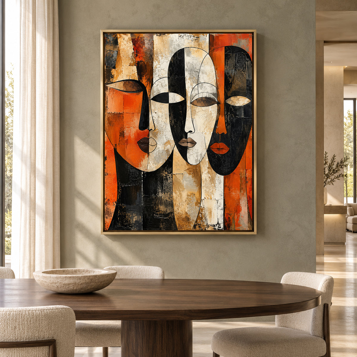 Abstract Faces Canvas Art in Orange Black and Neutral Tones