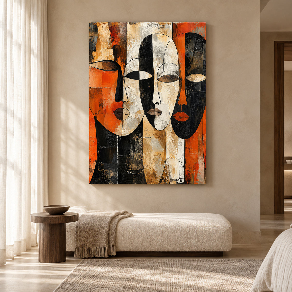 Abstract Faces Canvas Art in Orange Black and Neutral Tones