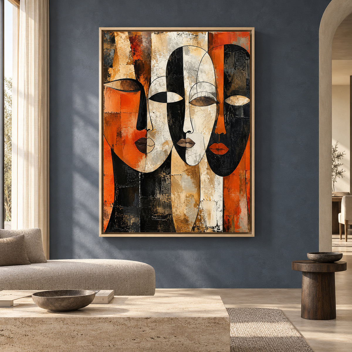 Abstract Faces Canvas Art in Orange Black and Neutral Tones
