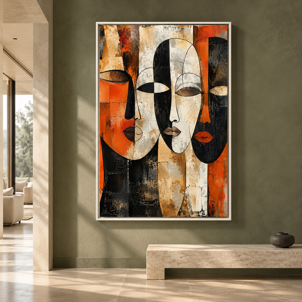 Abstract Faces Canvas Art in Orange Black and Neutral Tones