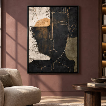 Modern Abstract Face Canvas Art in Black Beige and Olive
