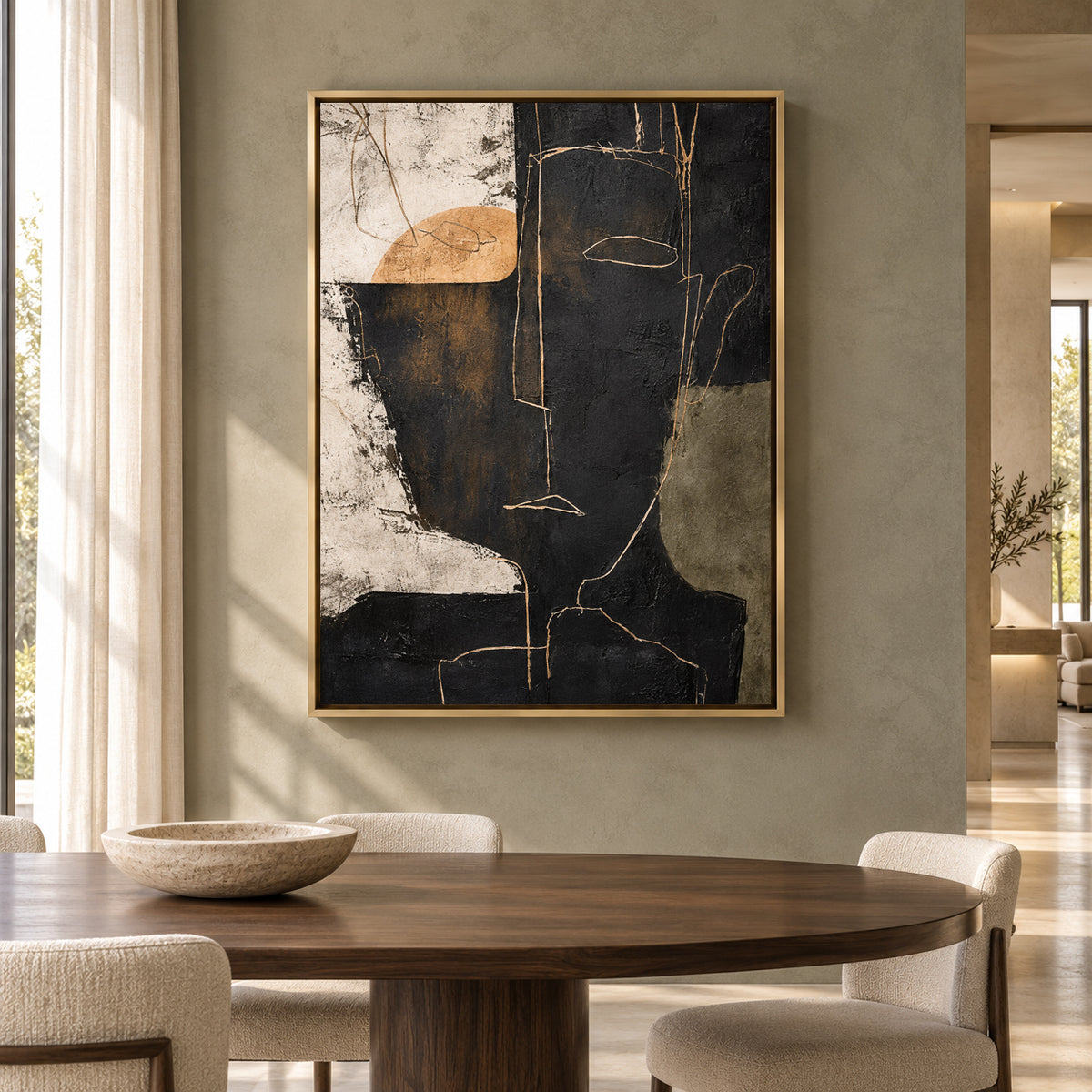 Modern Abstract Face Canvas Art in Black Beige and Olive