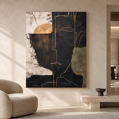 Modern Abstract Face Canvas Art in Black Beige and Olive