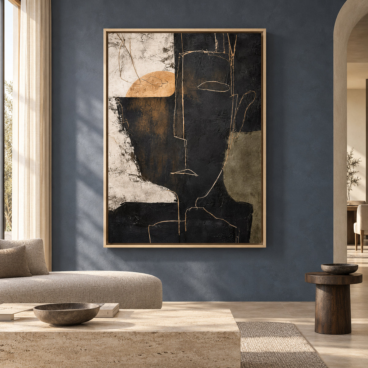 Modern Abstract Face Canvas Art in Black Beige and Olive
