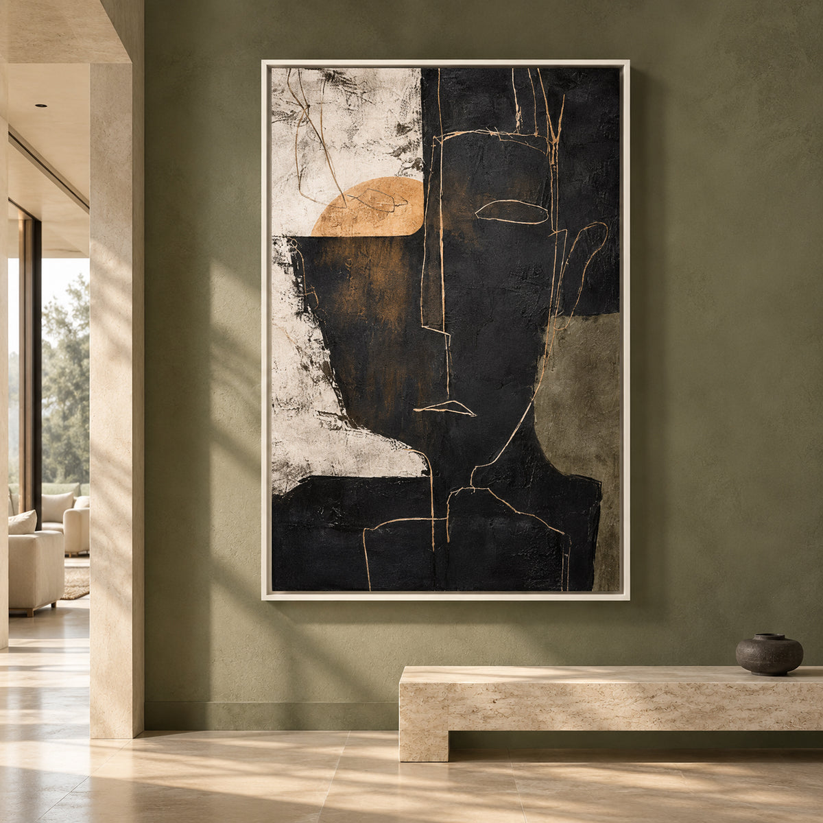 Modern Abstract Face Canvas Art in Black Beige and Olive