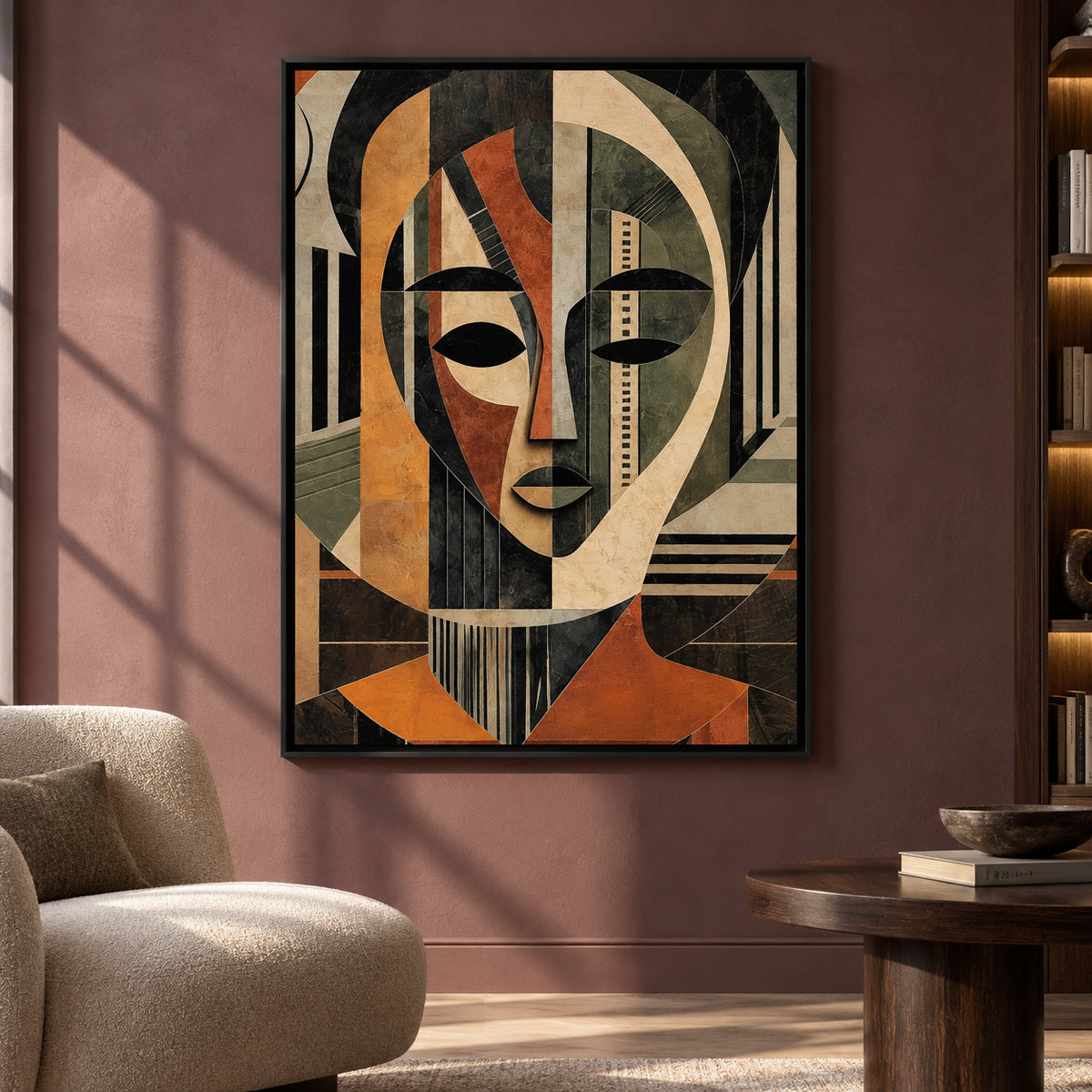 Geometric Abstract Face Canvas Art in Earthy Modern Tones