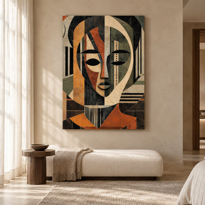 Geometric Abstract Face Canvas Art in Earthy Modern Tones