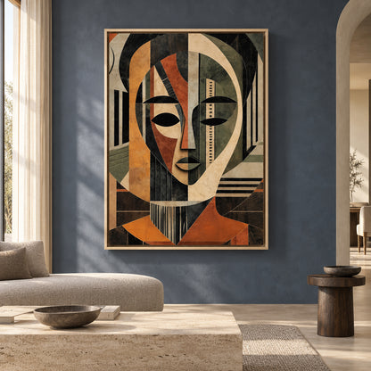 Geometric Abstract Face Canvas Art in Earthy Modern Tones