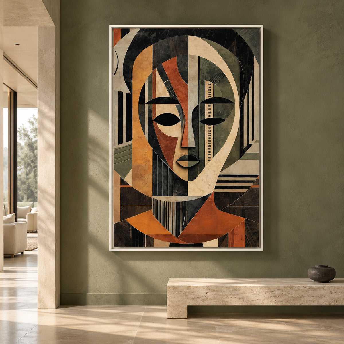 Geometric Abstract Face Canvas Art in Earthy Modern Tones