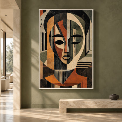 Geometric Abstract Face Canvas Art in Earthy Modern Tones
