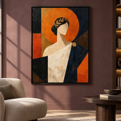 Modern Woman Portrait Canvas Art in Orange Black and Cream
