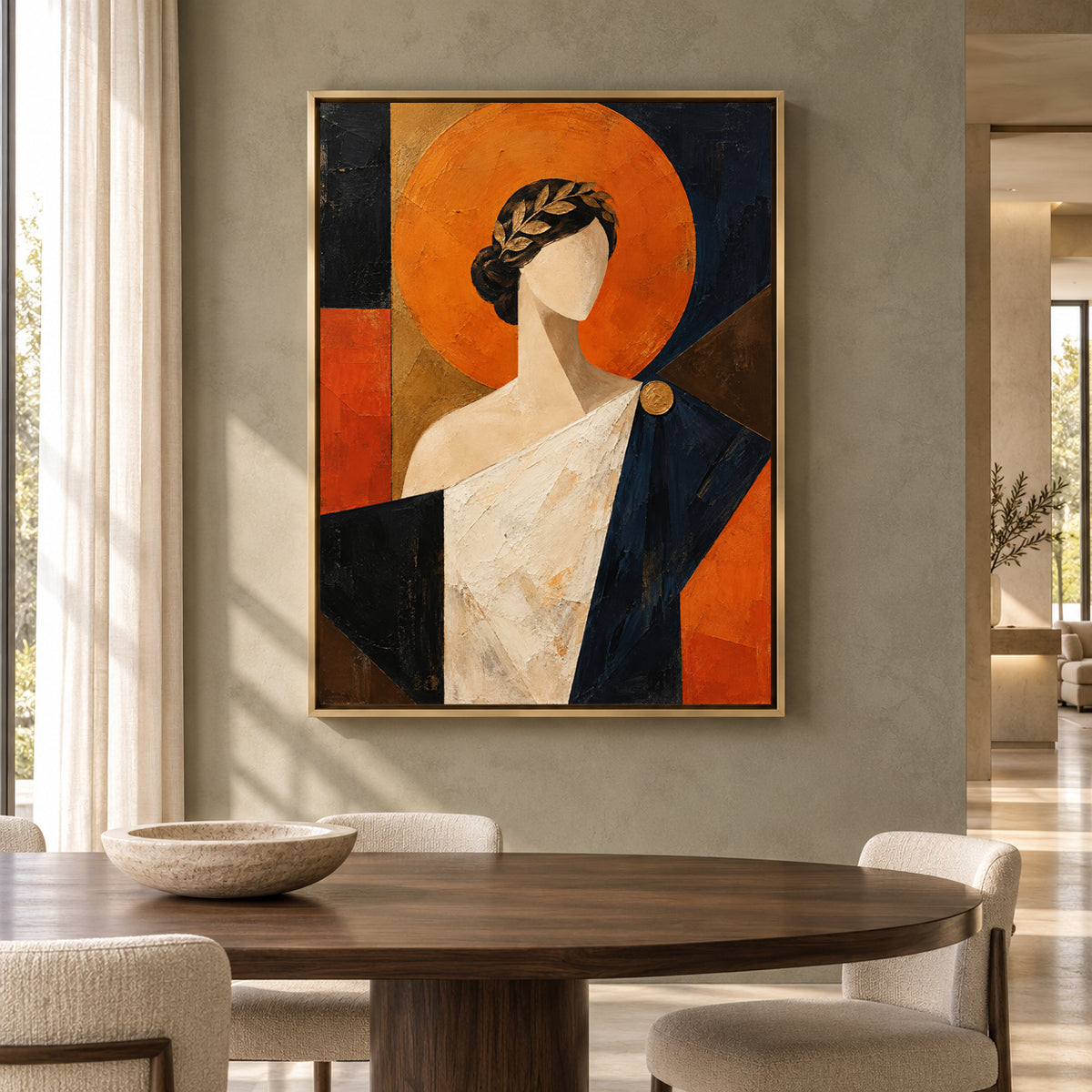 Modern Woman Portrait Canvas Art in Orange Black and Cream