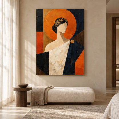 Modern Woman Portrait Canvas Art in Orange Black and Cream