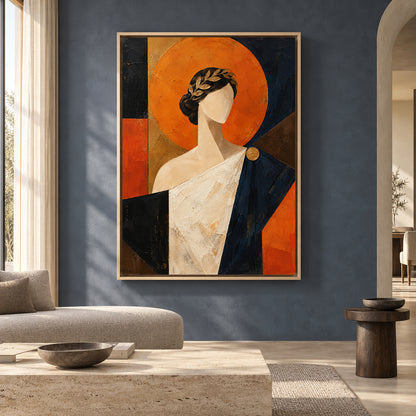 Modern Woman Portrait Canvas Art in Orange Black and Cream