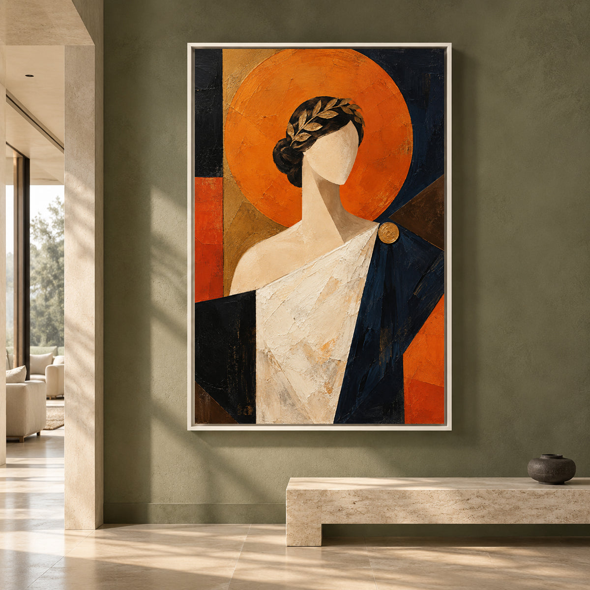 Modern Woman Portrait Canvas Art in Orange Black and Cream