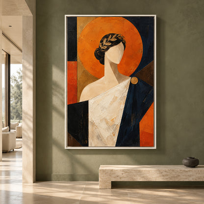 Modern Woman Portrait Canvas Art in Orange Black and Cream