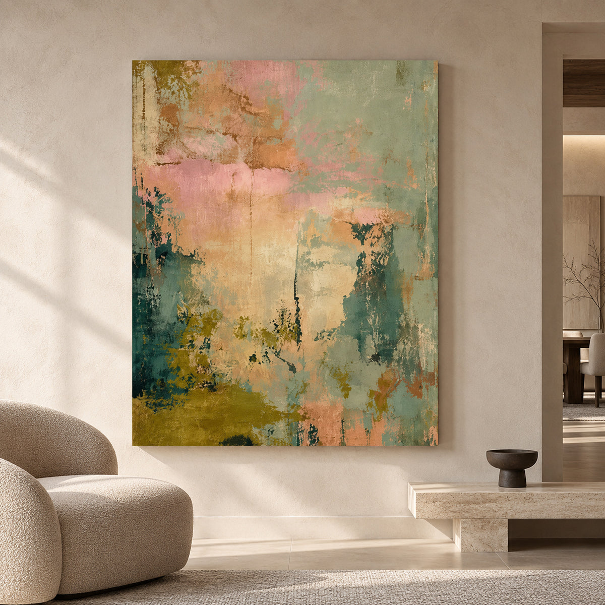Pastel Abstract Canvas Art in Sage Green Blush and Teal