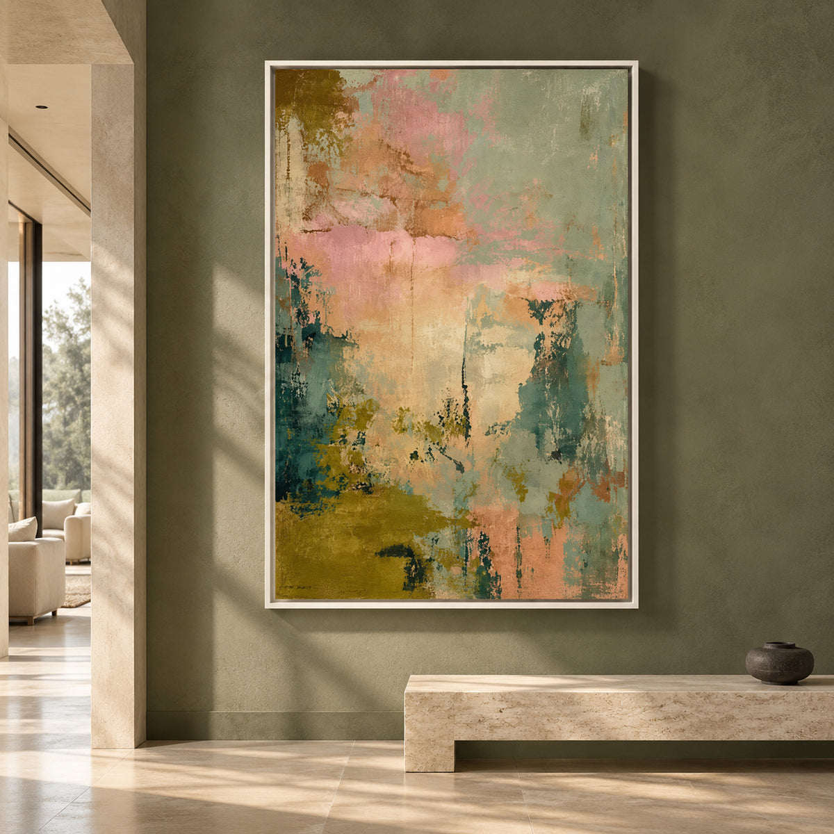 Pastel Abstract Canvas Art in Sage Green Blush and Teal