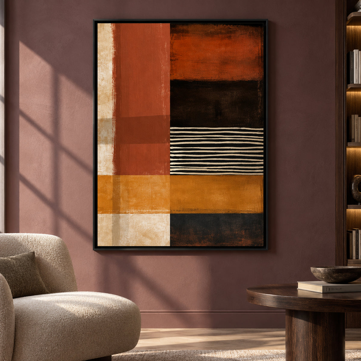 Rust Orange Geometric Abstract Canvas Art with Black Stripes