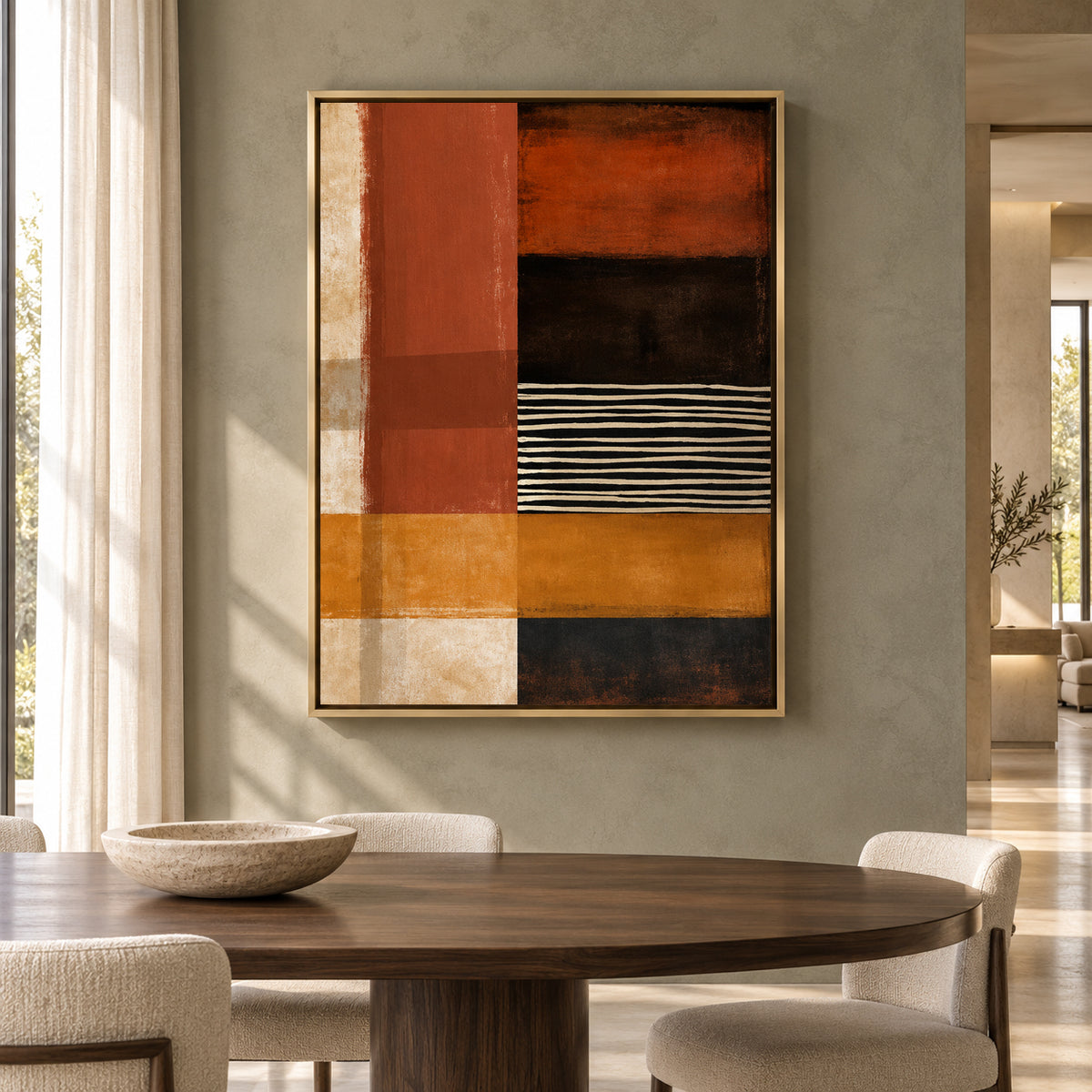 Rust Orange Geometric Abstract Canvas Art with Black Stripes
