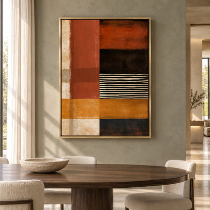 Rust Orange Geometric Abstract Canvas Art with Black Stripes