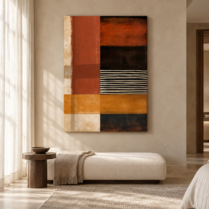Rust Orange Geometric Abstract Canvas Art with Black Stripes