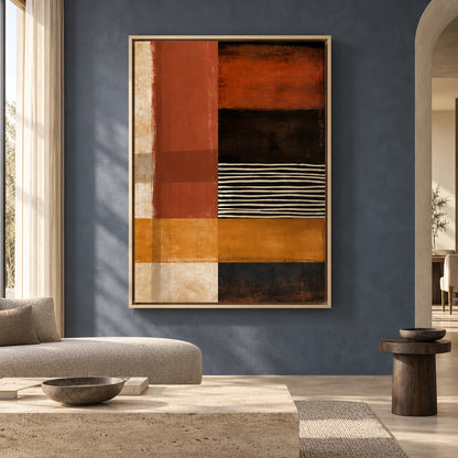 Rust Orange Geometric Abstract Canvas Art with Black Stripes