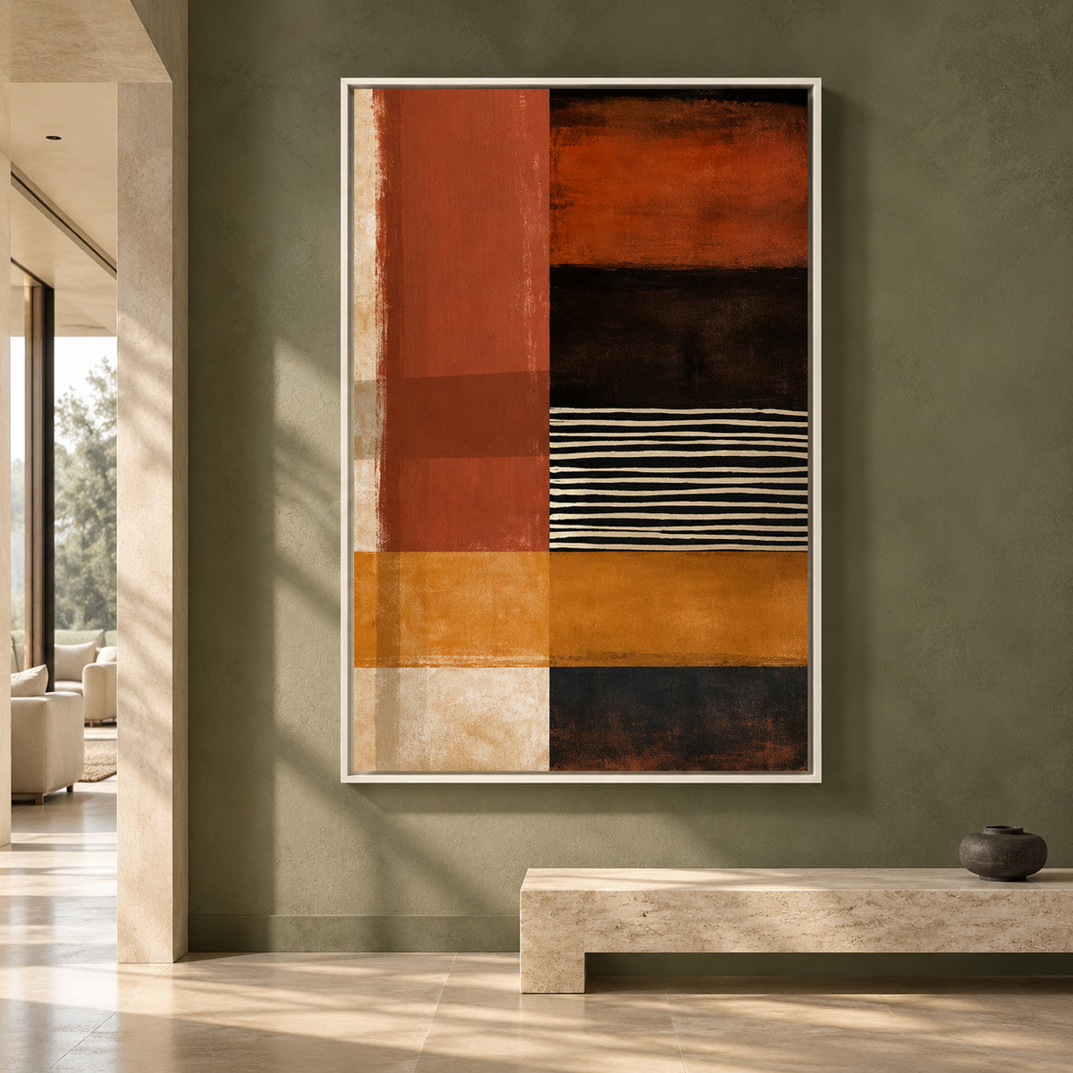 Rust Orange Geometric Abstract Canvas Art with Black Stripes