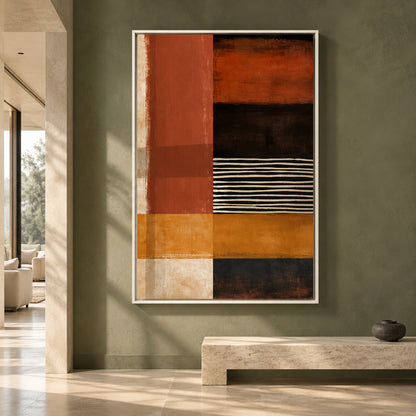 Rust Orange Geometric Abstract Canvas Art with Black Stripes