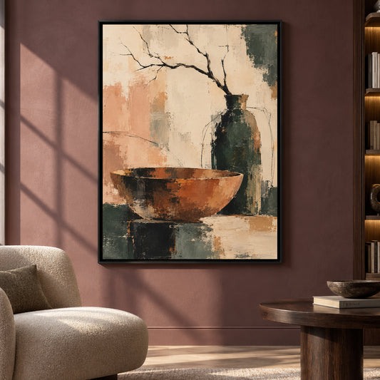 Rustic Still Life Canvas Art with Vase and Bowl