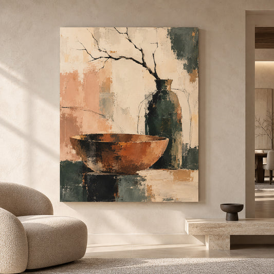 Rustic Still Life Canvas Art with Vase and Bowl